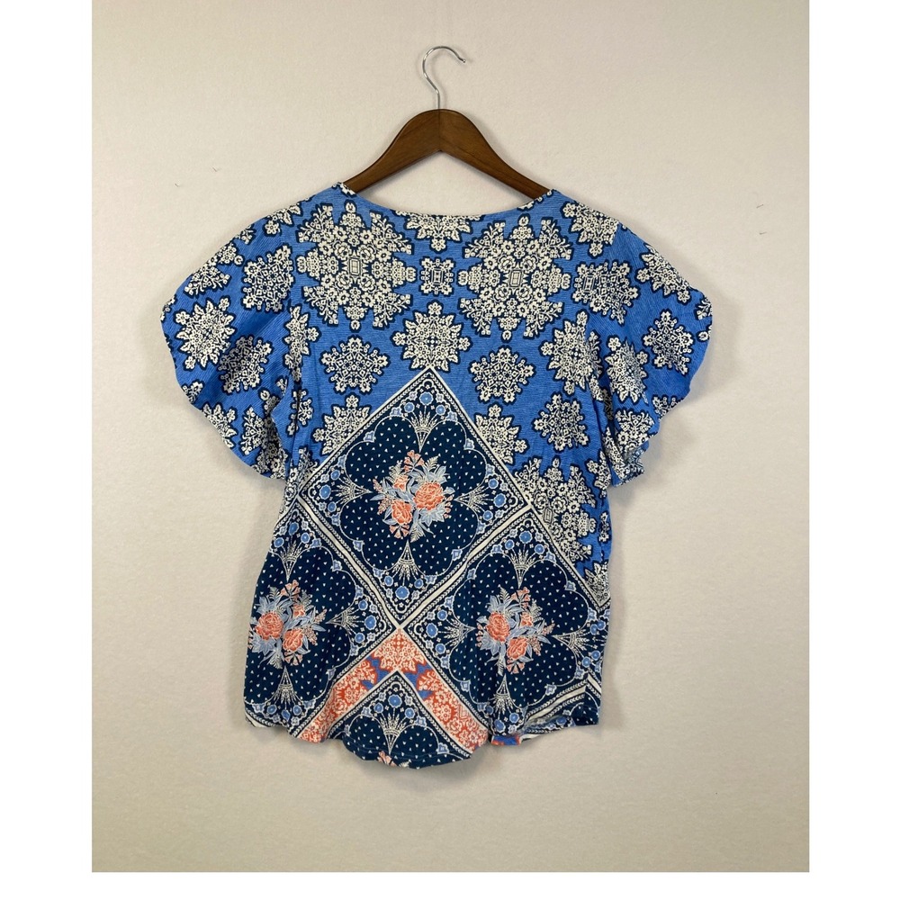 Thomas Olivia Blue Floral Print V Neck Flutter Sleeve Top Women PM - Picture 2 of 9